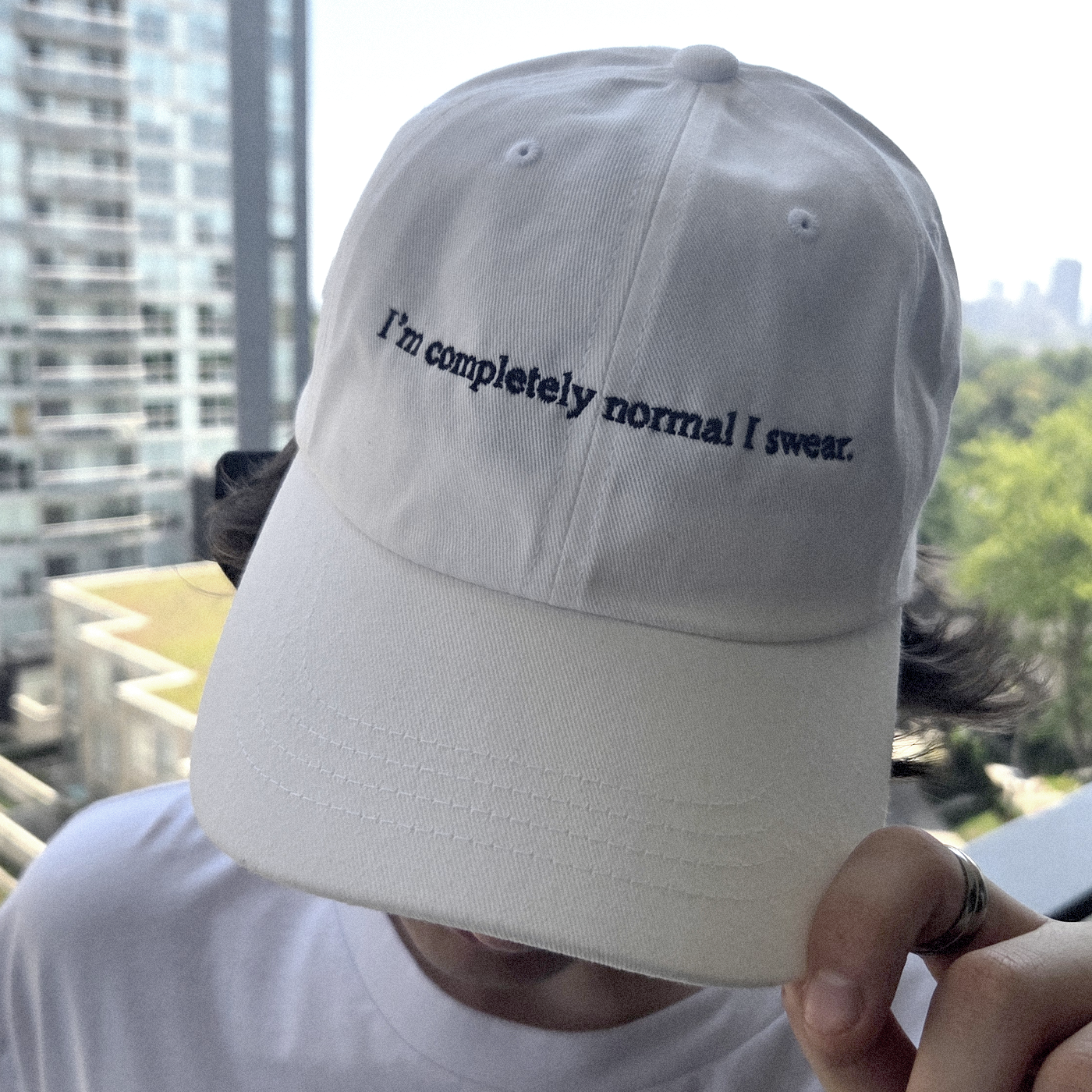 I'm Completely Normal I Swear Baseball Hat — White